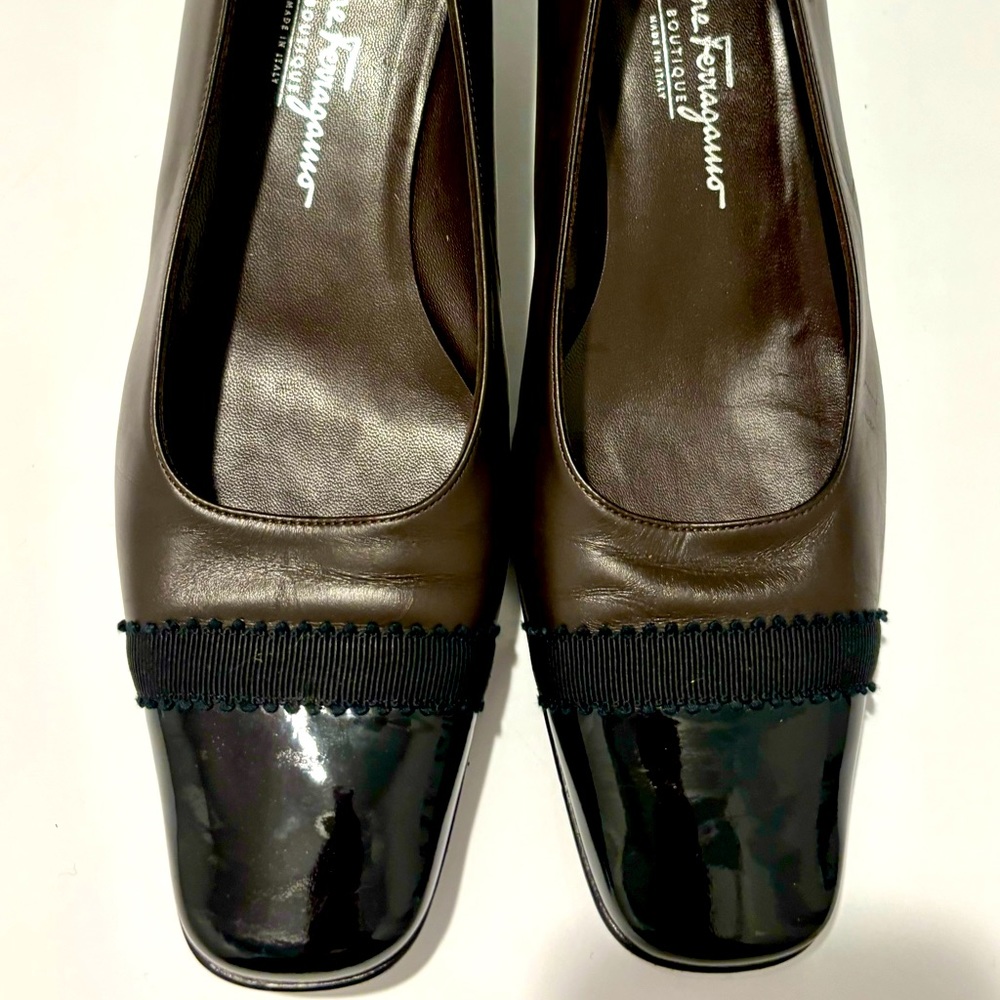 Salvatore Ferragamo Women’s Brown with Black Patent Leather Tip Heel